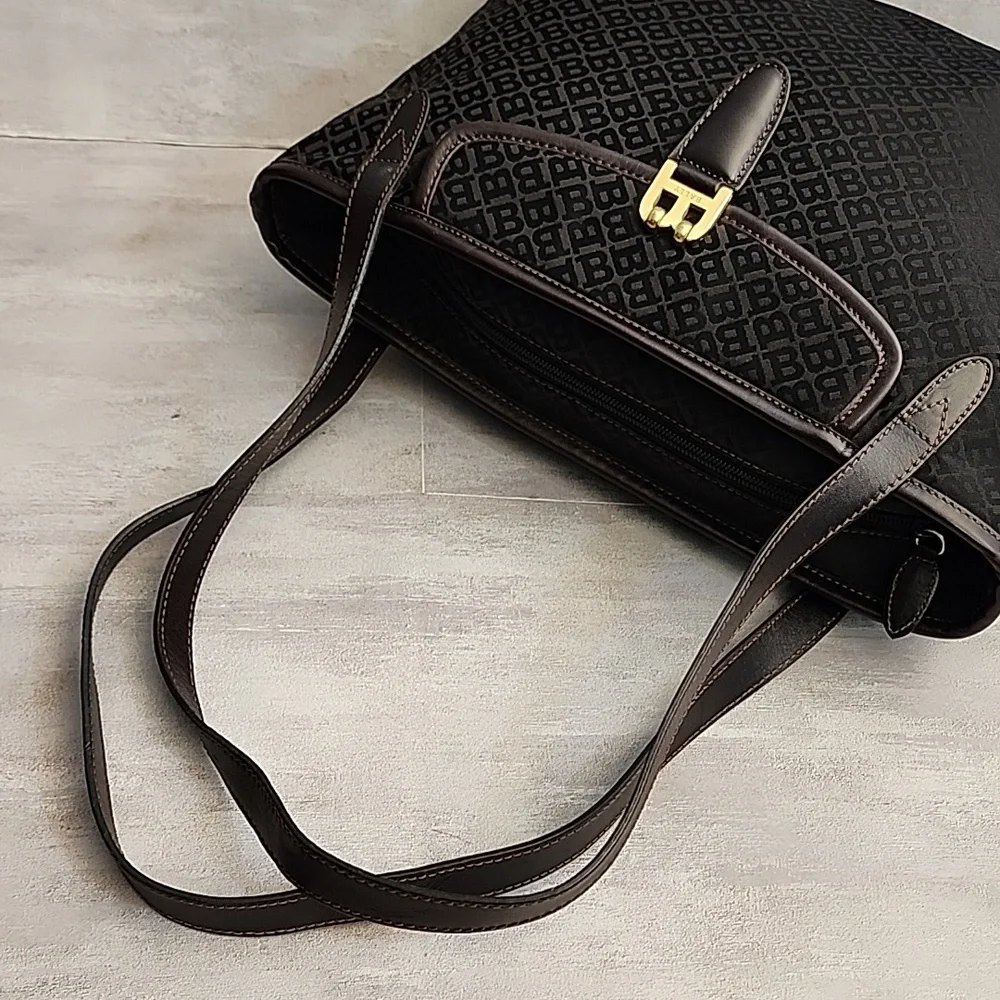 Bally Black Brown Logo Tote with Gold Hardware